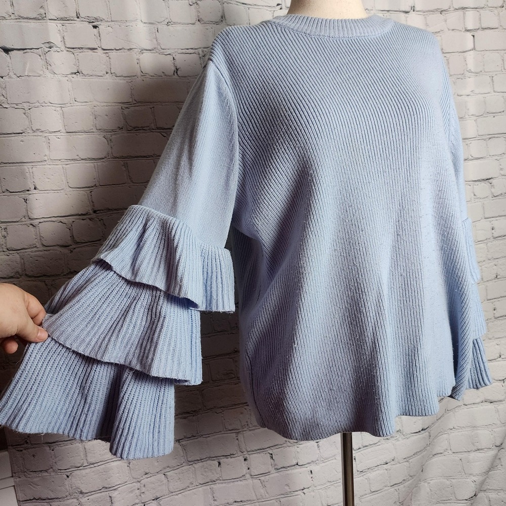 2X Vintage Light Blue Sweater with Tiered Ruffle Sleeves